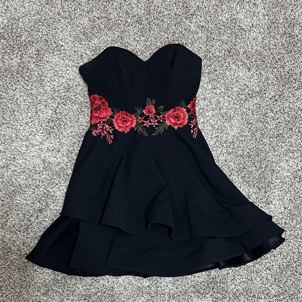 B Darlin Black Strapless Dress with Red Floral Embroidery